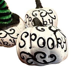 Retro White & Black Pumpkin Halloween Cement Spooky Home Decor Set of 3